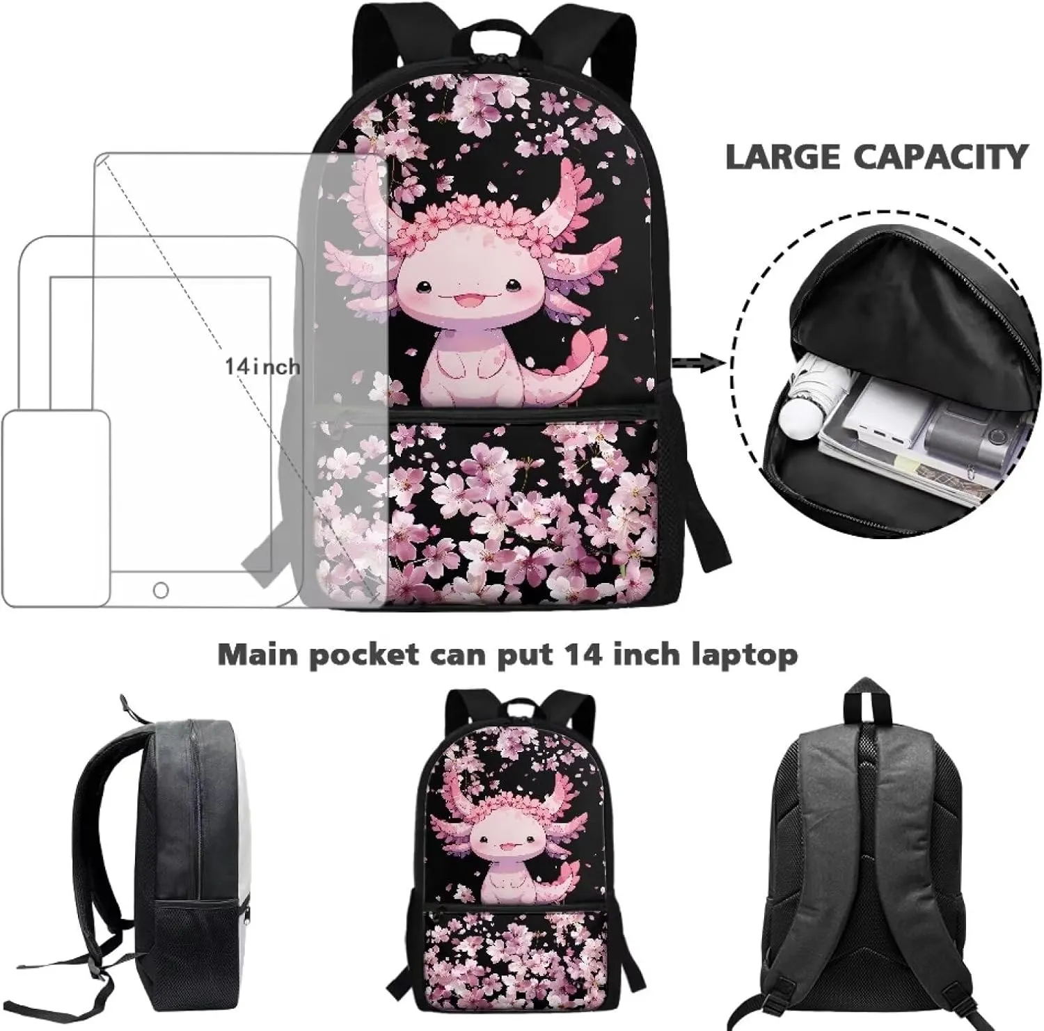 Axolotl School Backpack for Girls 8-10 Cute Cherry Blossom Kindergarten Elementary Middle School Book Bag for Teen Girls Kids Back to School Bag Stylish Bookbag