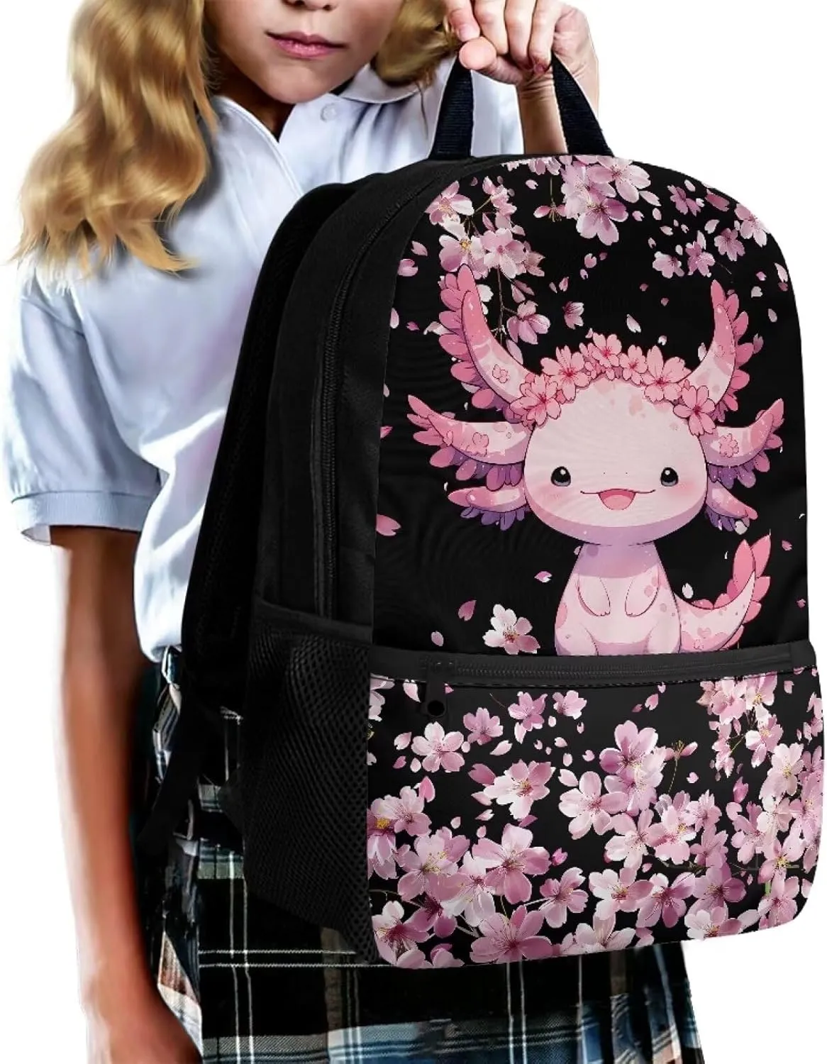 Axolotl School Backpack for Girls 8-10 Cute Cherry Blossom Kindergarten Elementary Middle School Book Bag for Teen Girls Kids Back to School Bag Stylish Bookbag