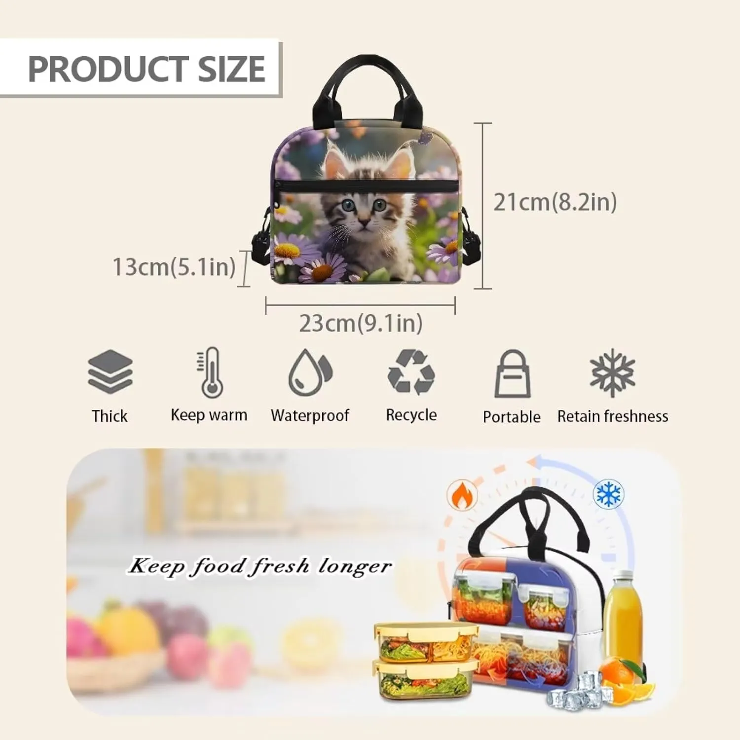 Babrukda Daisy Kitten Print Kids Adult Lunch Bag Lunch Boxes for Preschool Elementary Middle School Student Thermal Meal Tote Portable Water Resistant Food Containers Handbags