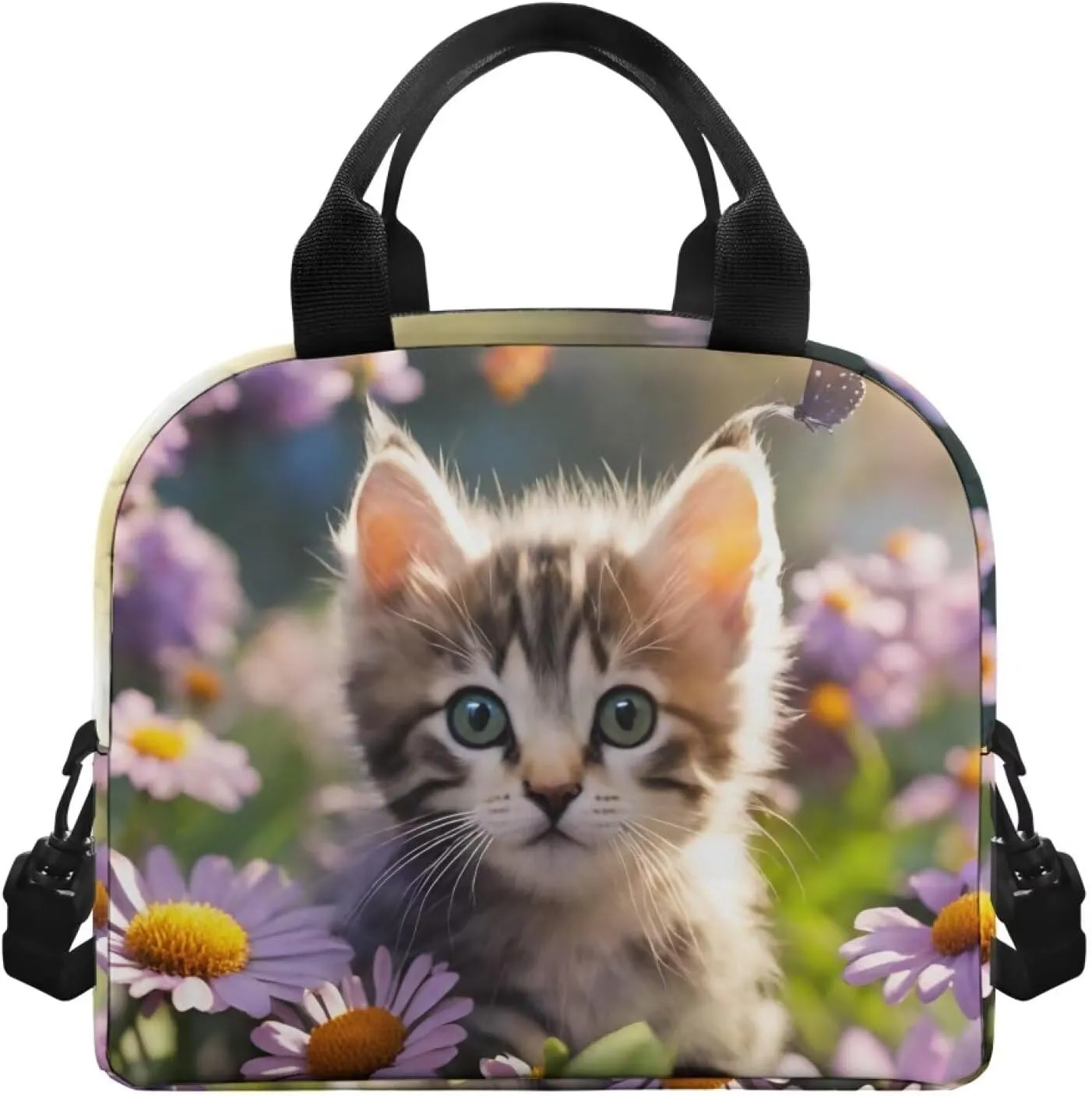 Babrukda Daisy Kitten Print Kids Adult Lunch Bag Lunch Boxes for Preschool Elementary Middle School Student Thermal Meal Tote Portable Water Resistant Food Containers Handbags