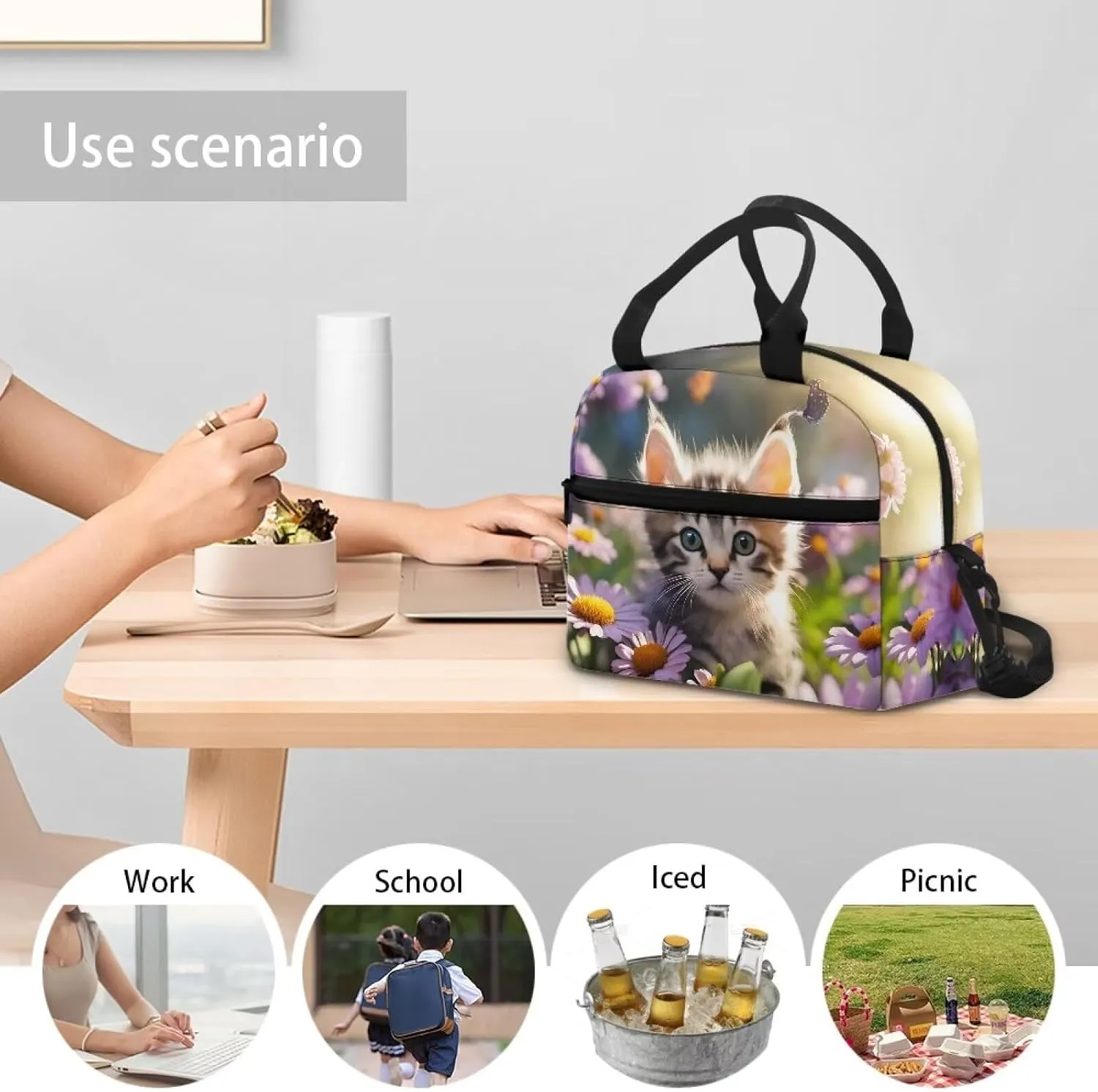 Babrukda Daisy Kitten Print Kids Adult Lunch Bag Lunch Boxes for Preschool Elementary Middle School Student Thermal Meal Tote Portable Water Resistant Food Containers Handbags