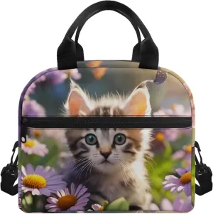 Babrukda Daisy Kitten Print Kids Adult Lunch Bag Lunch Boxes for Preschool Elementary Middle School Student Thermal Meal Tote Portable Water Resistant Food Containers Handbags