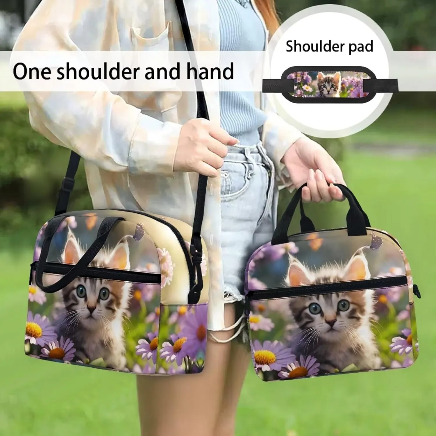 Babrukda Daisy Kitten Print Kids Adult Lunch Bag Lunch Boxes for Preschool Elementary Middle School Student Thermal Meal Tote Portable Water Resistant Food Containers Handbags