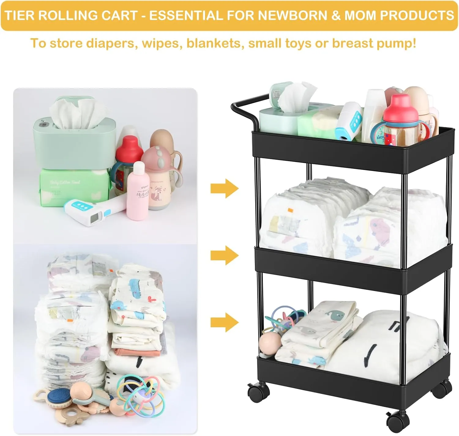 Baby Diaper Caddy – Plastic Diaper Organizer for Nursery Essentials, Movable Cart for Changing Table & Crib, Easy to Assemble, Black