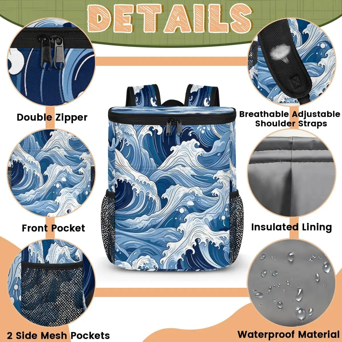 Backpack Cooler Seawater Theme Cooler Backpack Insulated Leak Proof Soft Cooler Bag for Men Women Lunch Backpack for Camping Picnic Hiking Beach Travel