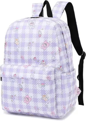 Backpack for Girls Kids School Bag Teens Women College Bookbag Casual Daypack (Cute Checkered Purple)