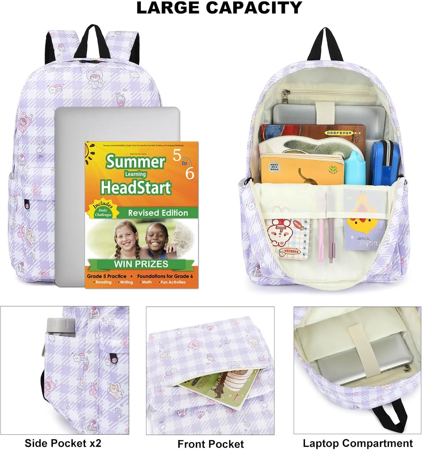 Backpack for Girls Kids School Bag Teens Women College Bookbag Casual Daypack (Cute Checkered Purple)