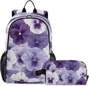Backpack with Lunch Bag Bookbag Set,Seamless Vector Pattern with White and Violet Pansy Flowers for Background Backpack for Middle High School College Student,21L Schoolbag Kid's Backpack Bookbag Casu