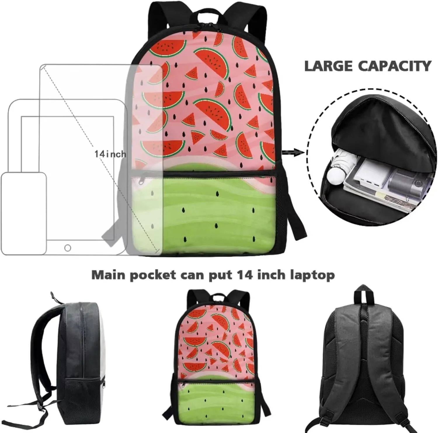 Backpack with Lunch Box Light School Bookbags for 6Th Grade Girls Middle School Portable Backpack Set 3 in 1 Bookbags Set with Lunch Box and Pencil Case Gifts for Girls (Watermelon)