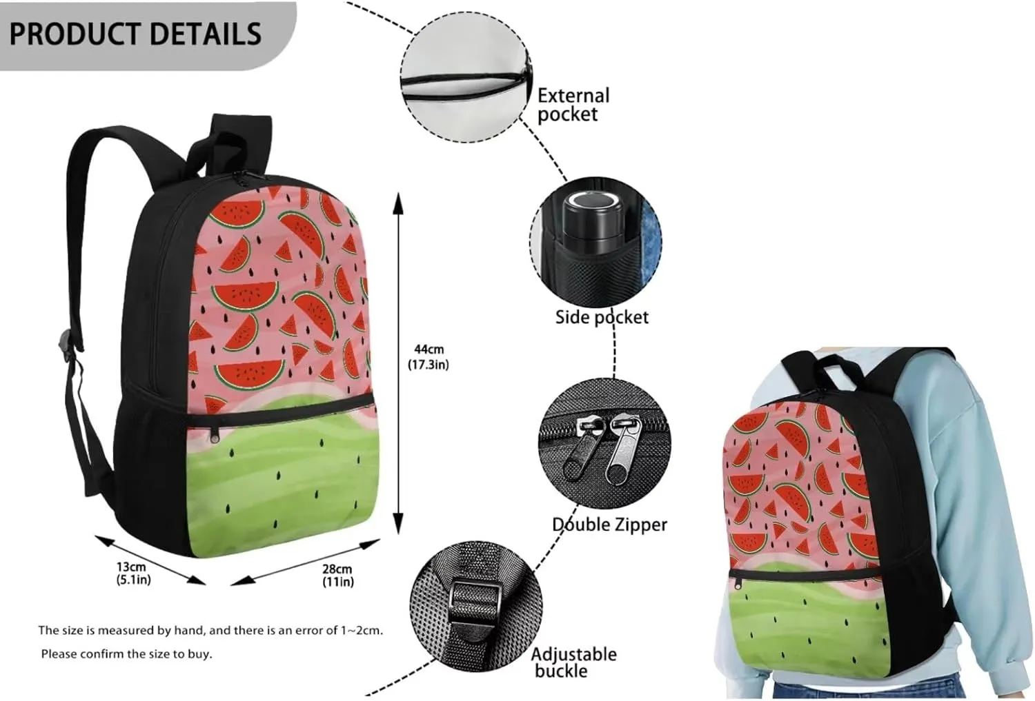 Backpack with Lunch Box Light School Bookbags for 6Th Grade Girls Middle School Portable Backpack Set 3 in 1 Bookbags Set with Lunch Box and Pencil Case Gifts for Girls (Watermelon)