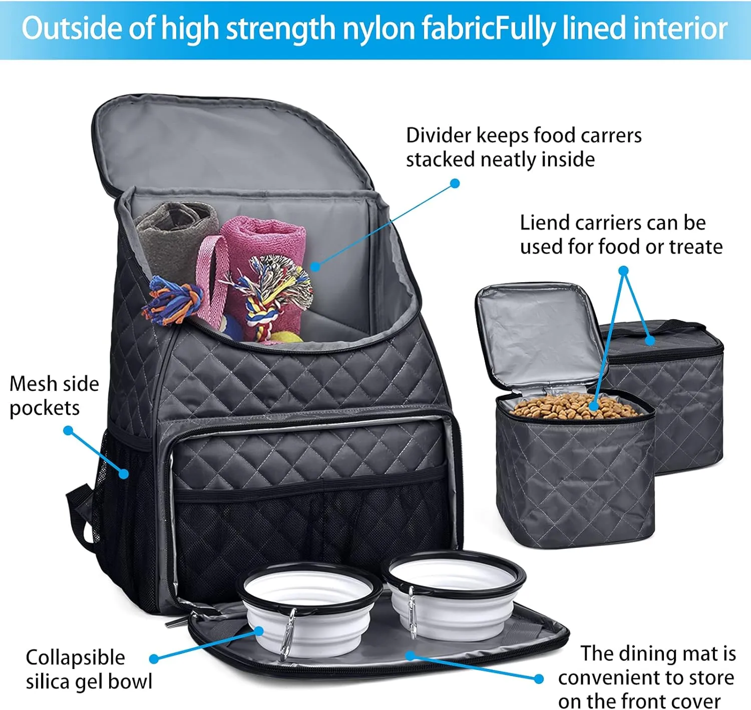 BAGLHER 丨Dog Travel Bag,Airline Approved Pet Supplies Backpack, Dog Travel Backpack with 2 Silicone Collapsible Bowls and 2 Food Baskets.