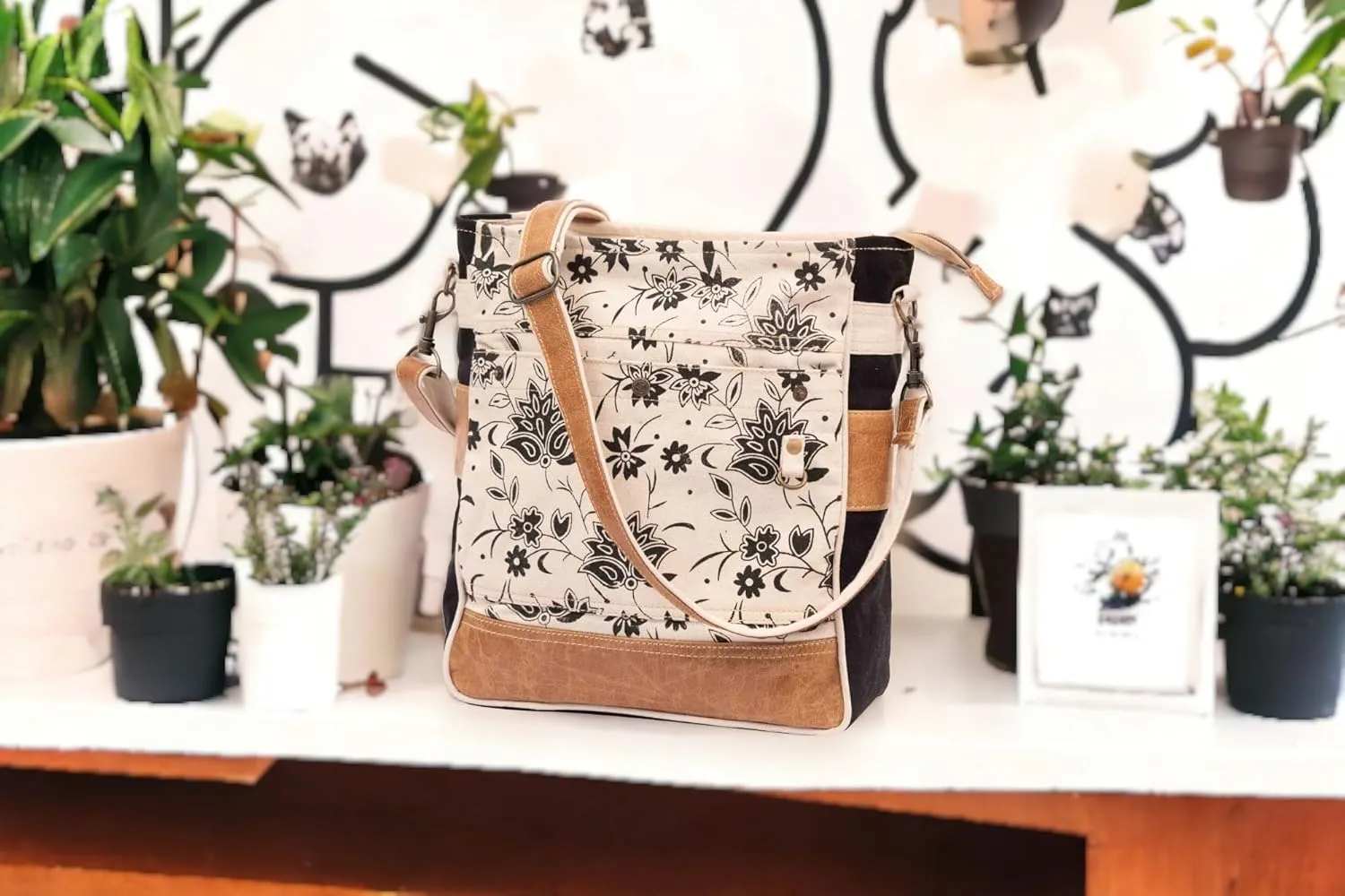 Bags SEL de MER Upcycled Blossom Print Canvas & Leather Shoulder Bag, Canvas Crossbody Bags for Women
