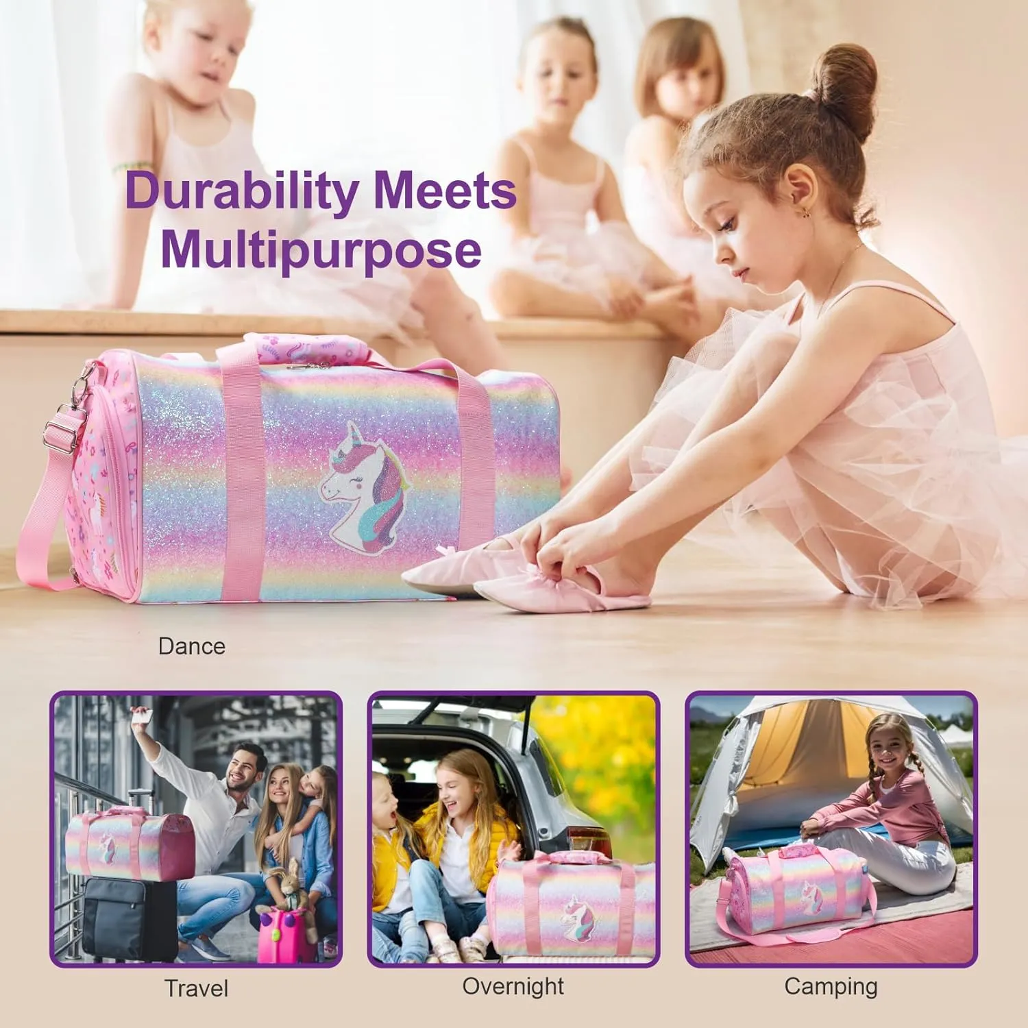Bagseri Dance Bag for Girls - Ballet Duffle With Shoes Compartment for Kids Above 6yr, Overnight Travel Sleepover Bag With Dry Wet Separation Pockets
