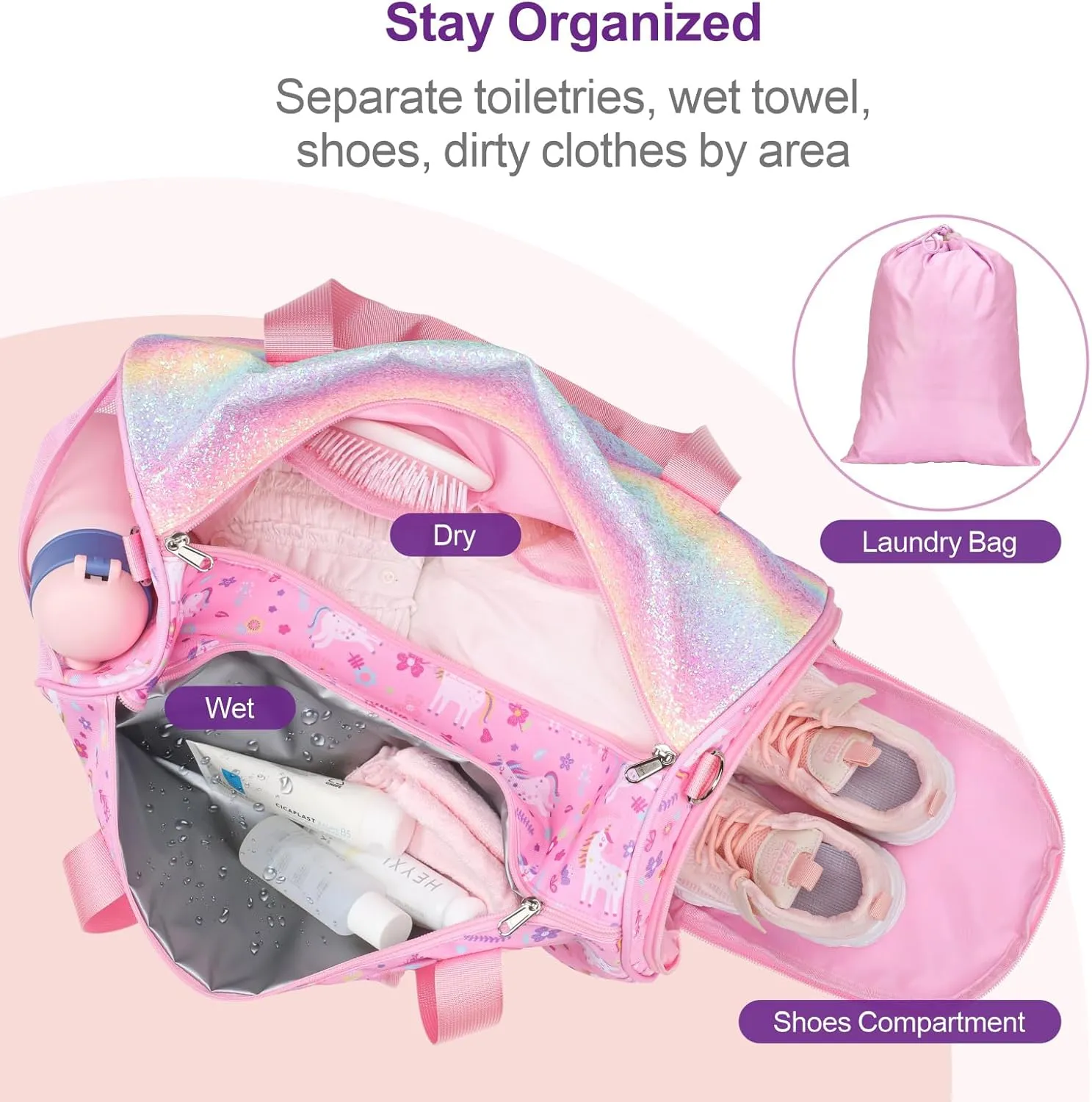 Bagseri Dance Bag for Girls - Ballet Duffle With Shoes Compartment for Kids Above 6yr, Overnight Travel Sleepover Bag With Dry Wet Separation Pockets