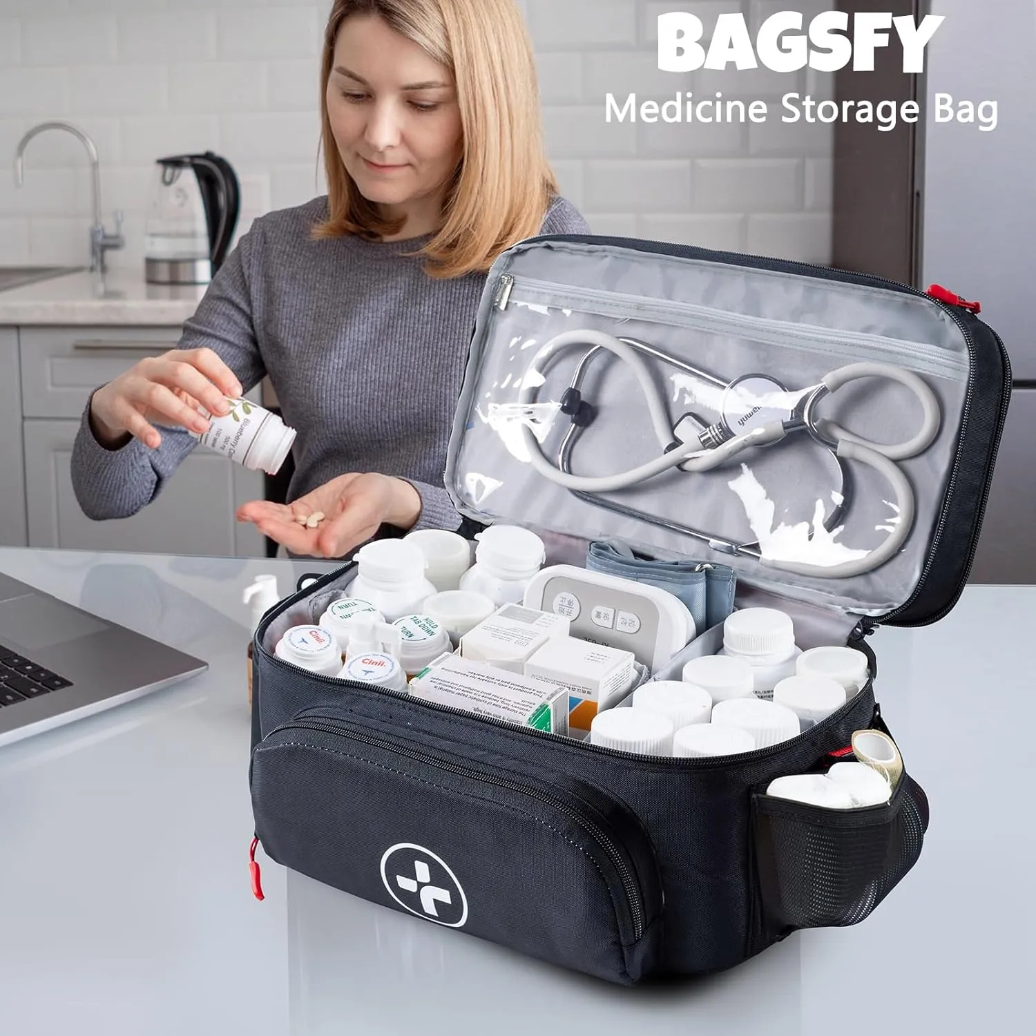 BAGSFY Travel Medicine Bag Organizer with Mini Medication Bag, Double Layers First Aid Kit Empty, Lockable Pill Bottle Organizer for Home, Large Medication Storage, Travel Emergency Carrying Case.