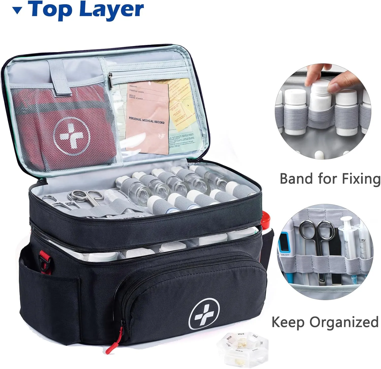 BAGSFY Travel Medicine Bag Organizer with Mini Medication Bag, Double Layers First Aid Kit Empty, Lockable Pill Bottle Organizer for Home, Large Medication Storage, Travel Emergency Carrying Case.