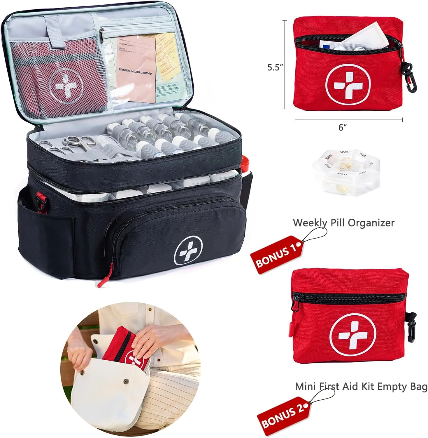 BAGSFY Travel Medicine Bag Organizer with Mini Medication Bag, Double Layers First Aid Kit Empty, Lockable Pill Bottle Organizer for Home, Large Medication Storage, Travel Emergency Carrying Case.