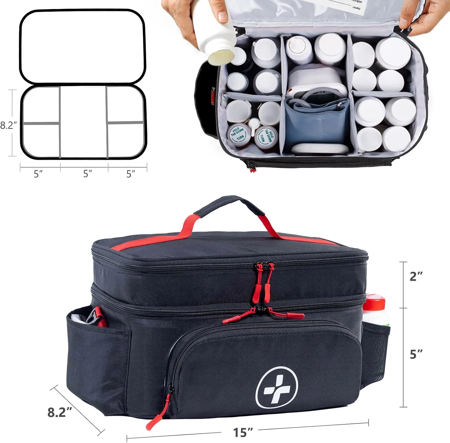 BAGSFY Travel Medicine Bag Organizer with Mini Medication Bag, Double Layers First Aid Kit Empty, Lockable Pill Bottle Organizer for Home, Large Medication Storage, Travel Emergency Carrying Case.