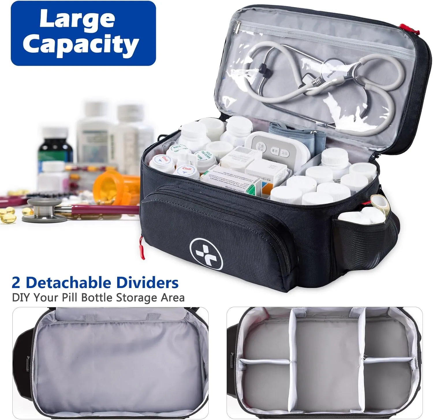 BAGSFY Travel Medicine Bag Organizer with Mini Medication Bag, Double Layers First Aid Kit Empty, Lockable Pill Bottle Organizer for Home, Large Medication Storage, Travel Emergency Carrying Case.