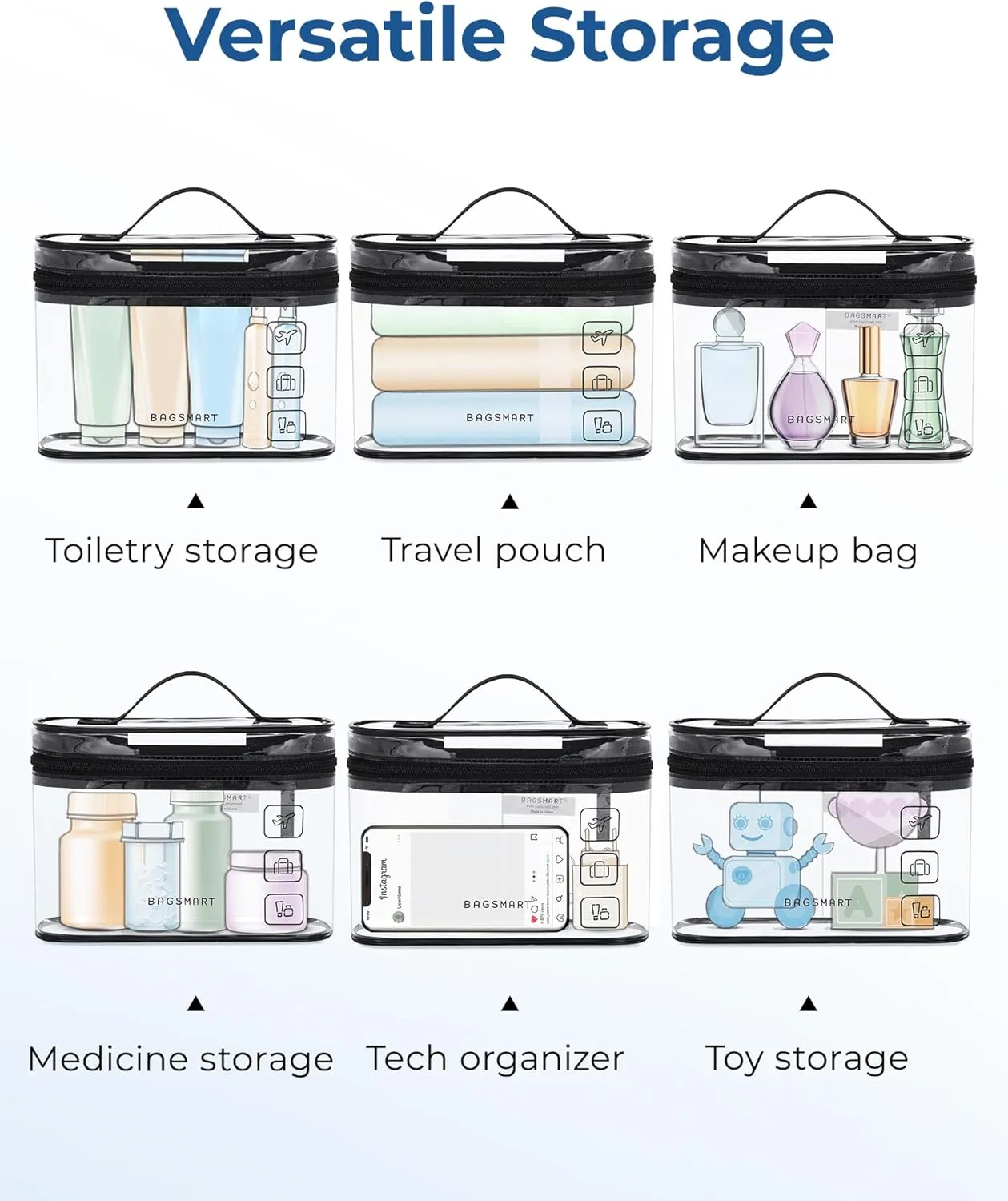 BAGSMART TSA Approved Toiletry Bag, 2 Pack Clear Makeup Cosmetic Bag Organizer, Quart Size Travel Bag for Toiletries, Carry-on Travel Accessories Essentials, Pink-2pcs