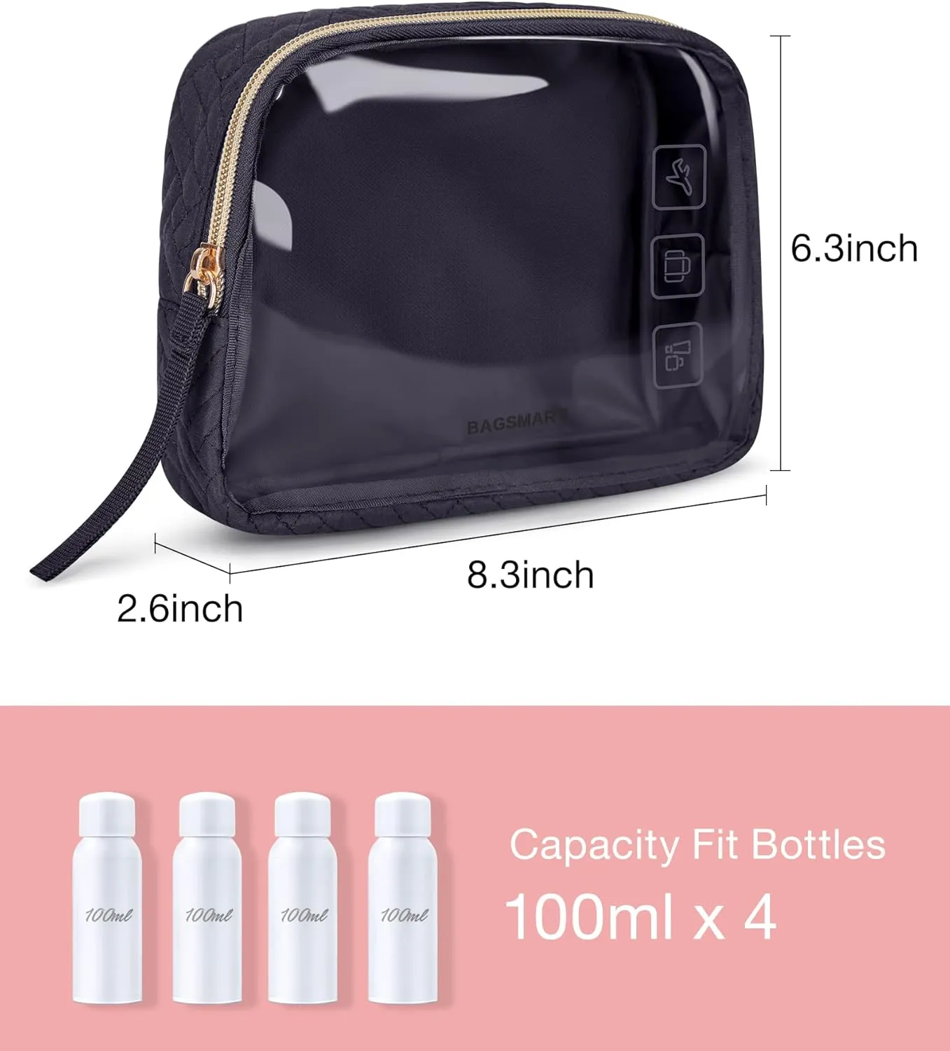 BAGSMART TSA Approved Toiletry Bag, 3 Pack Clear Makeup Cosmetic Bag Organizer, Quart Size Travel Bag for Toiletries, Carry-on Travel Accessories Essentials - Black
