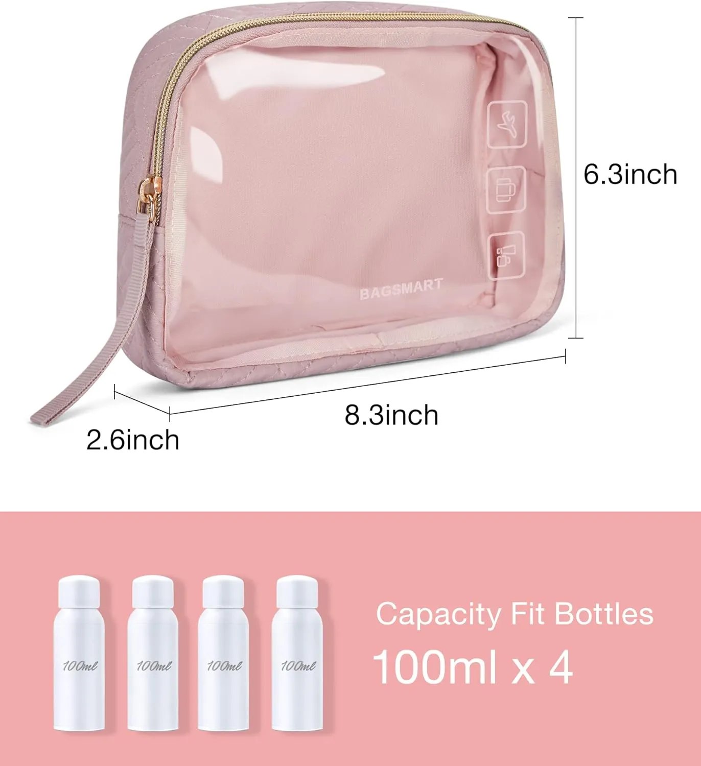 BAGSMART TSA Approved Toiletry Bag, 3 Pack Clear Makeup Cosmetic Bag Organizer, Quart Size Travel Bag for Toiletries, Carry-on Travel Accessories Essentials - Pink