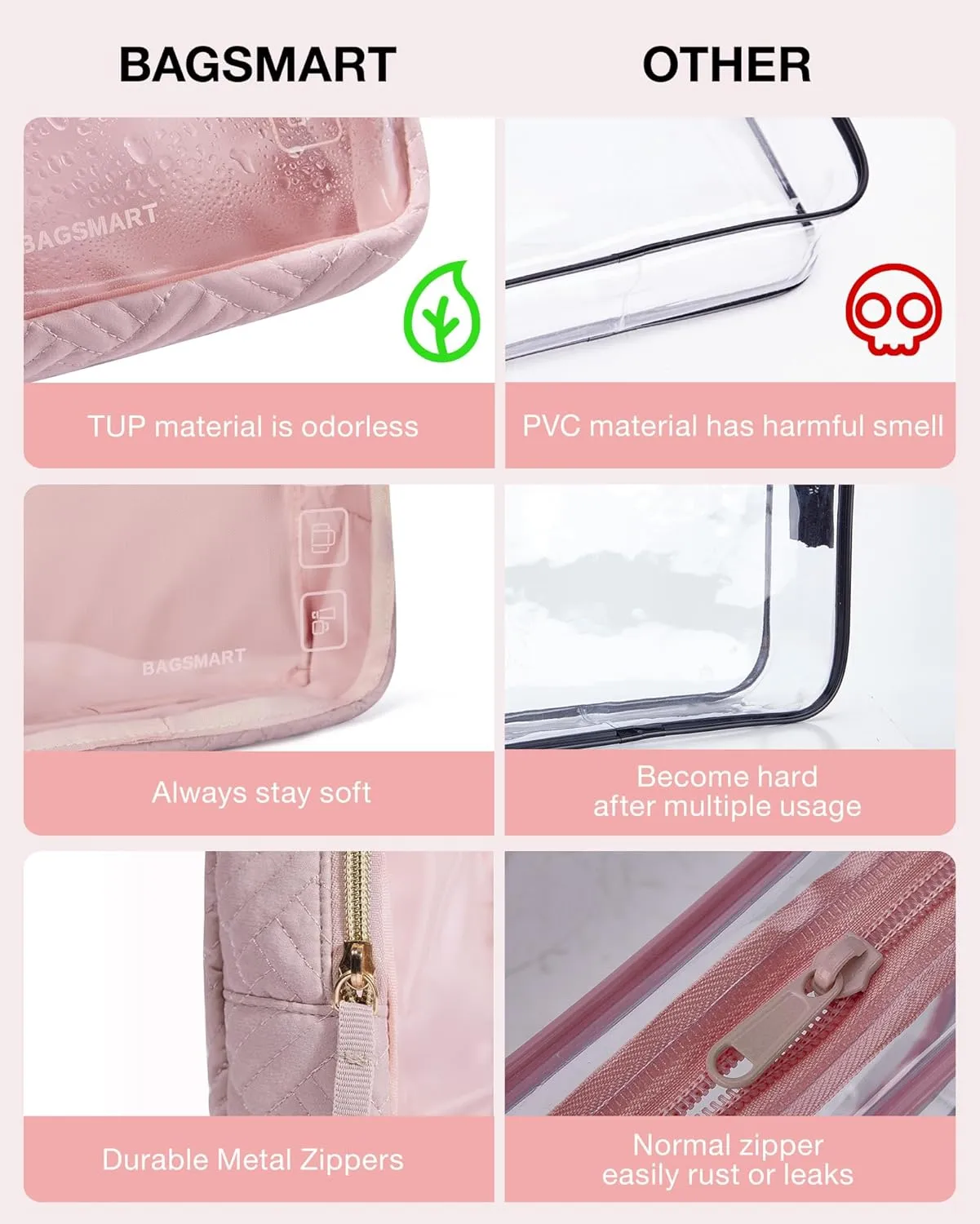BAGSMART TSA Approved Toiletry Bag, 3 Pack Clear Makeup Cosmetic Bag Organizer, Quart Size Travel Bag for Toiletries, Carry-on Travel Accessories Essentials - Pink