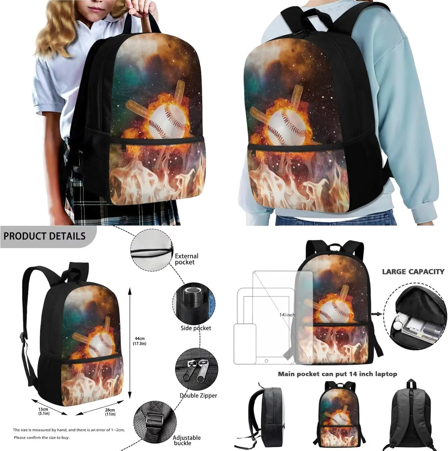 Baseball Galaxy Fire Print Trendy Toddler Backpack for Kids Toddler Girls School Bag Bookbag Set Lunch Bag Pencil Case Water Pouch 4pcs Set 4 Piece Backpack Set
