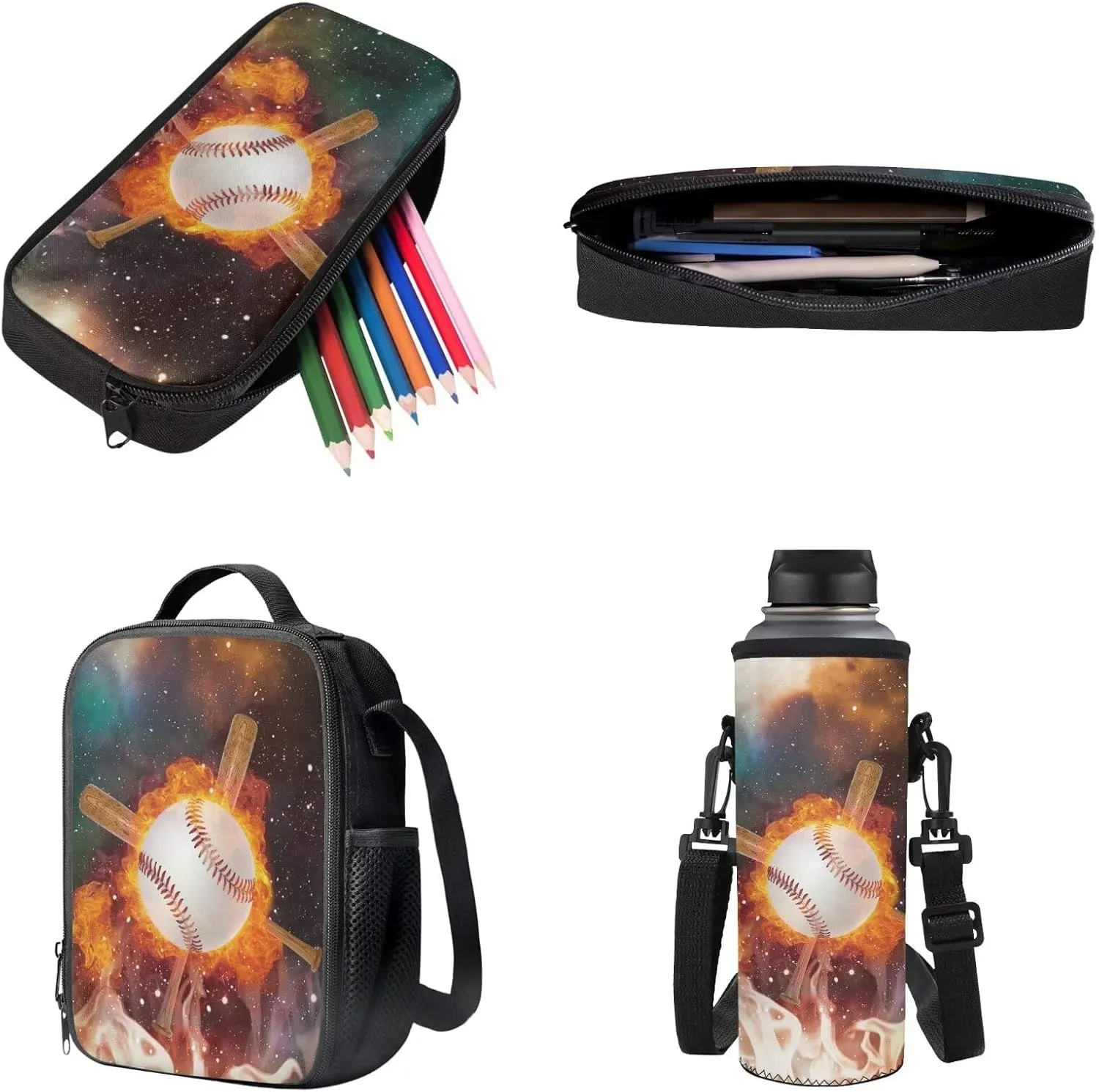 Baseball Galaxy Fire Print Trendy Toddler Backpack for Kids Toddler Girls School Bag Bookbag Set Lunch Bag Pencil Case Water Pouch 4pcs Set 4 Piece Backpack Set