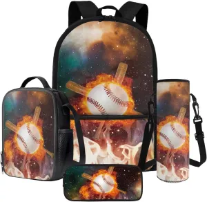 Baseball Galaxy Fire Print Trendy Toddler Backpack for Kids Toddler Girls School Bag Bookbag Set Lunch Bag Pencil Case Water Pouch 4pcs Set 4 Piece Backpack Set
