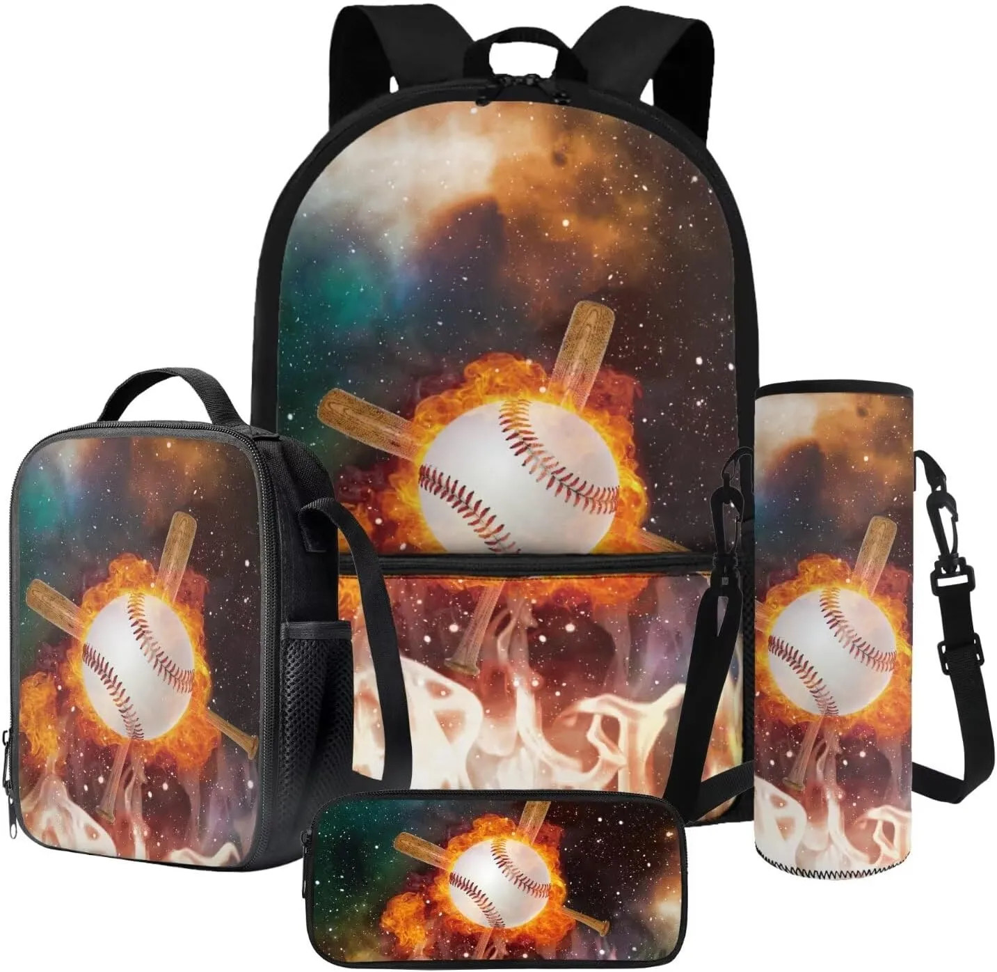 Baseball Galaxy Fire Print Trendy Toddler Backpack for Kids Toddler Girls School Bag Bookbag Set Lunch Bag Pencil Case Water Pouch 4pcs Set 4 Piece Backpack Set
