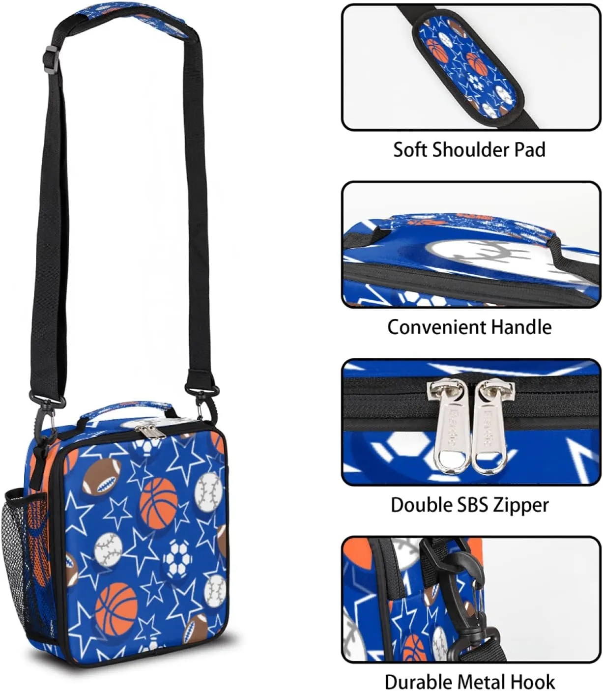 Basketball Soccer Kids Lunch Boxe Basketball Insulated Lunch Bag Tote for Girls Boys, Cooler Freezable Meal Prep Bag with Shoulder Strap Waterproof Lunch Container for School Office Picnic (Ball)