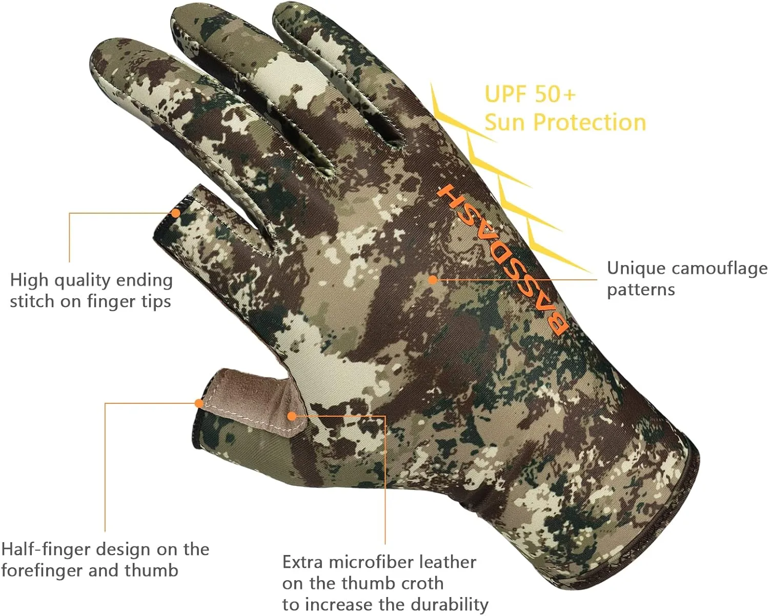 BASSDASH Unisex Fingerless Camo Hunting Gloves for Men's Women's Early Season Warm Weather UPF 50  Lightweight Fishing Photography HG03