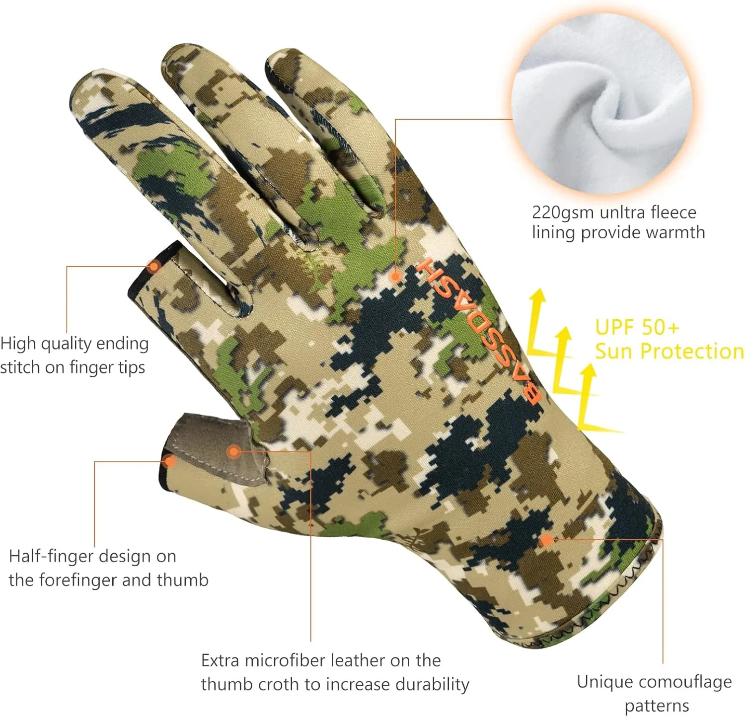 BASSDASH Unisex Fingerless Fleece Liner Camo Hunting Gloves for Cold Weather UPF 50  Lightweight Fishing Photography HG06