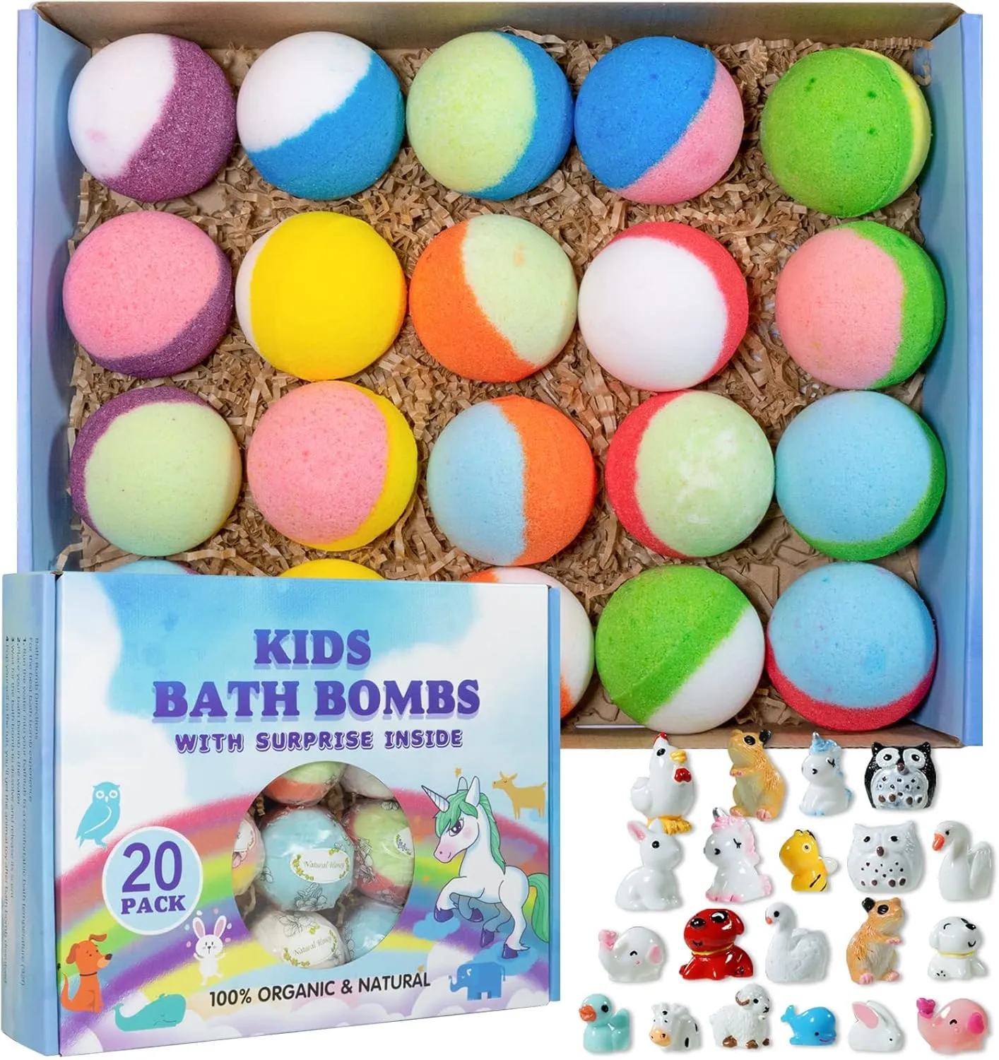 Bath Bomb Gift Set with Toys Inside, 20 Pack Organic Bath Bombs for Kids, Kids Safe Handmade Fizzy Balls for Kid, Ideal Birthday Easter Gift for Boys & Girls