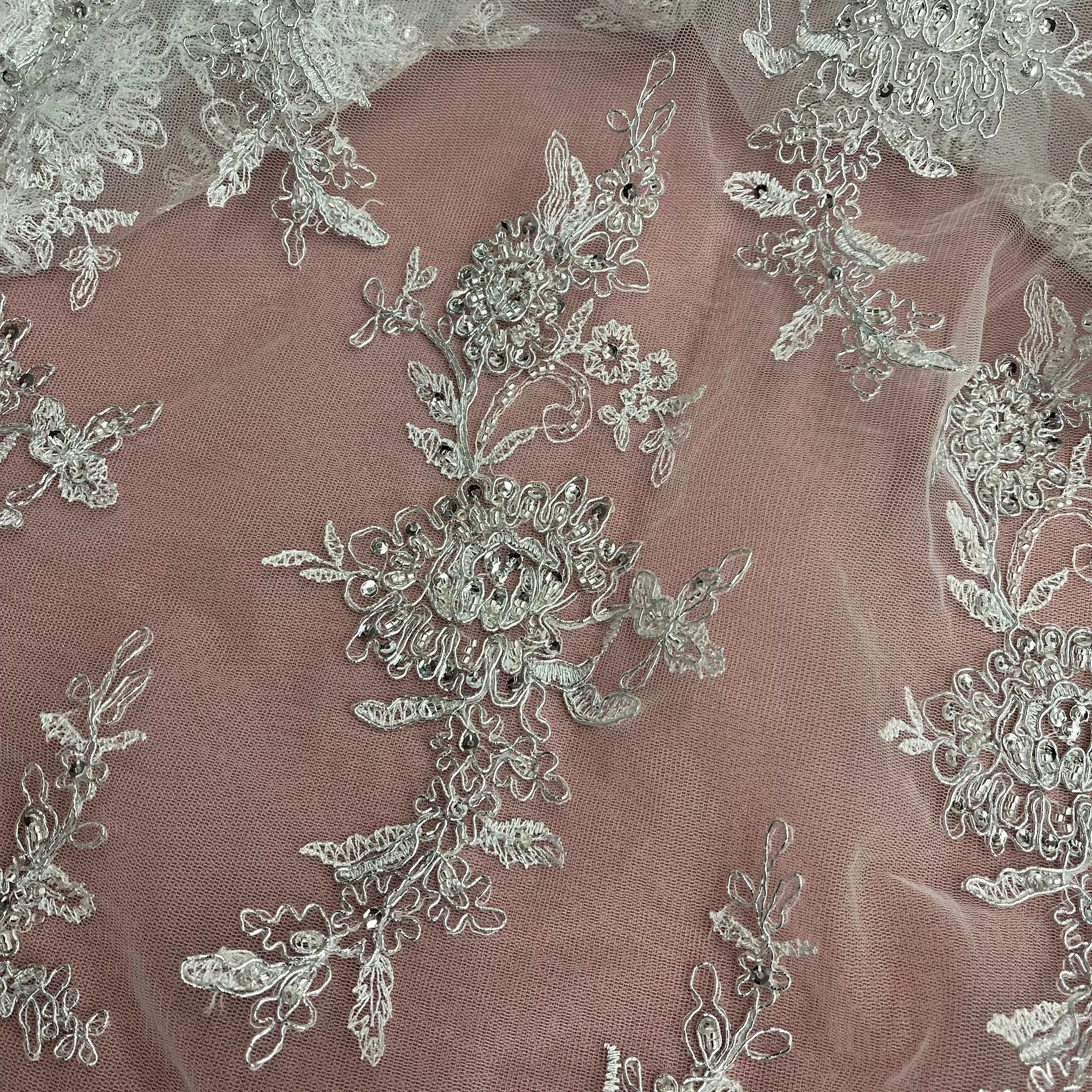 Beaded & Corded Bridal Fabric Lace Embroidered on 100% Polyester Net Mesh | Lace USA - 96979W-HB