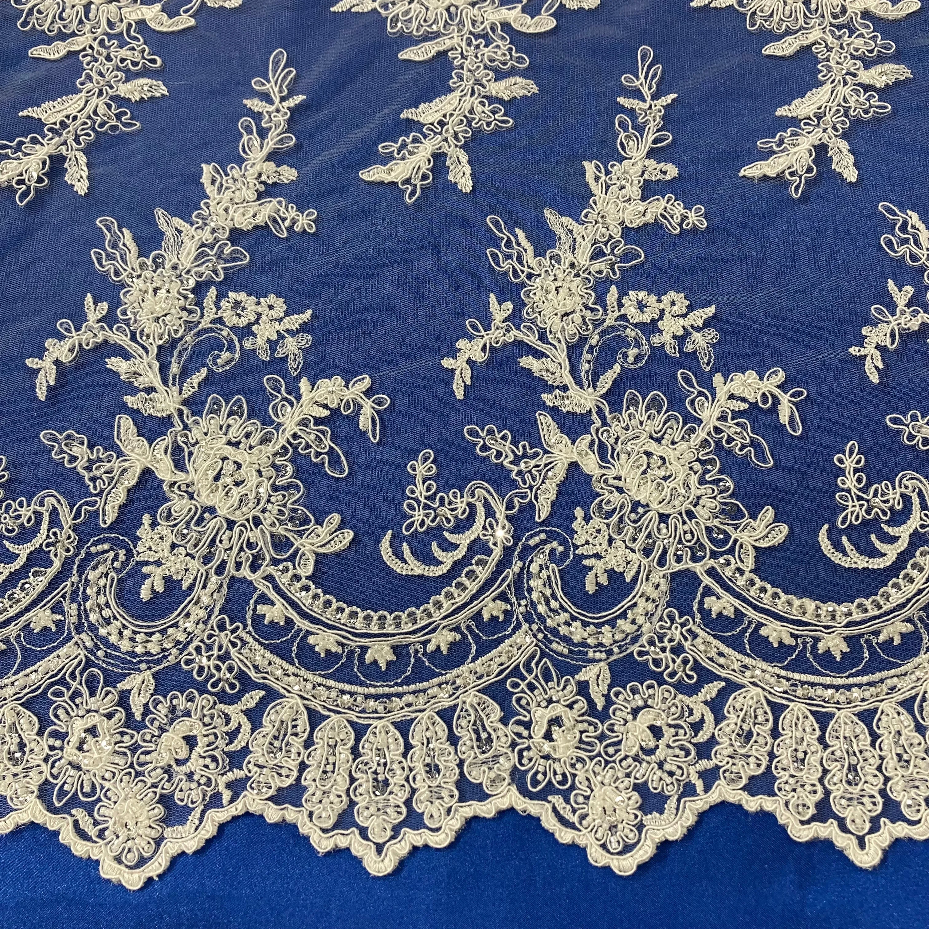 Beaded & Corded Bridal Fabric Lace Embroidered on 100% Polyester Net Mesh | Lace USA - 96979W-HB