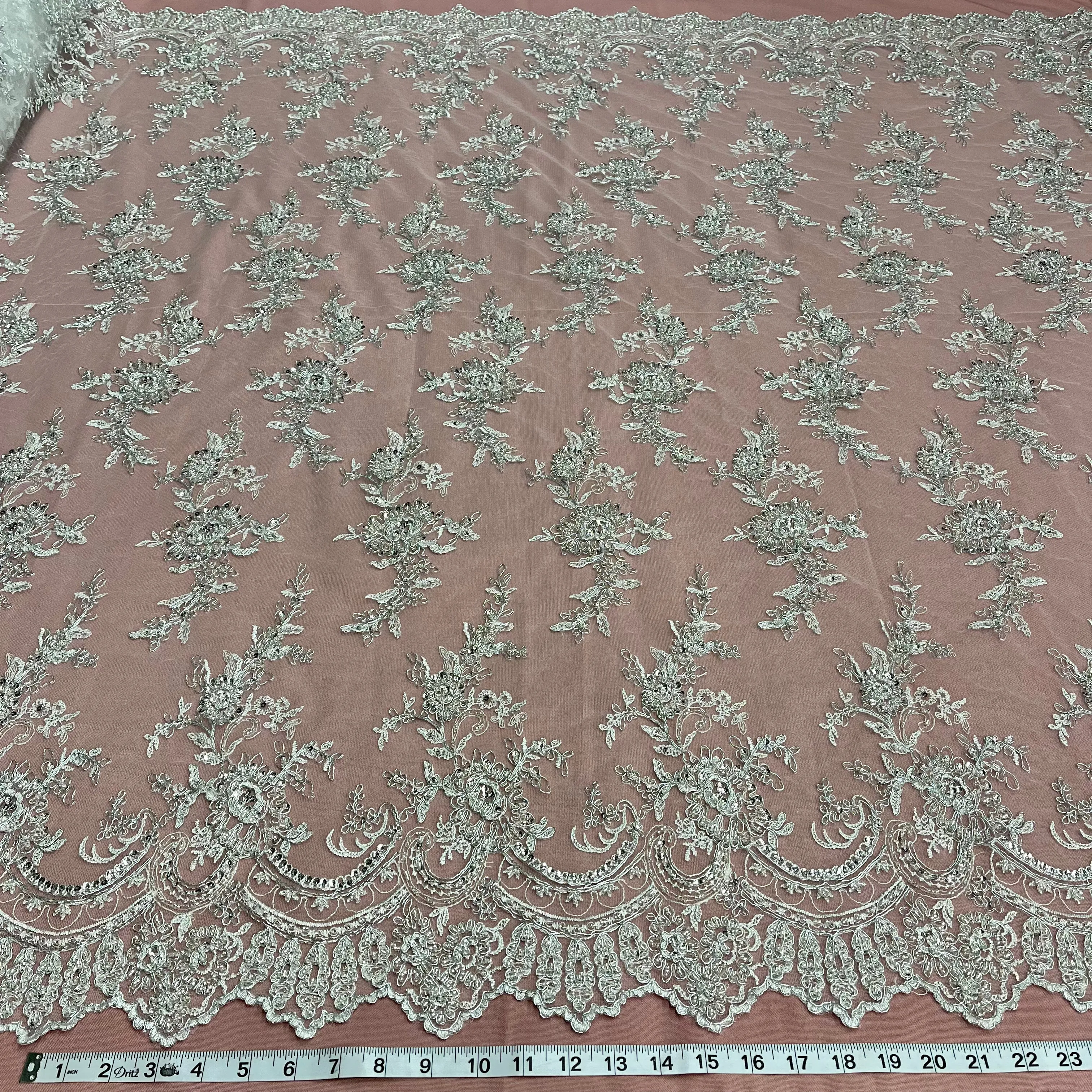 Beaded & Corded Bridal Fabric Lace Embroidered on 100% Polyester Net Mesh | Lace USA - 96979W-HB
