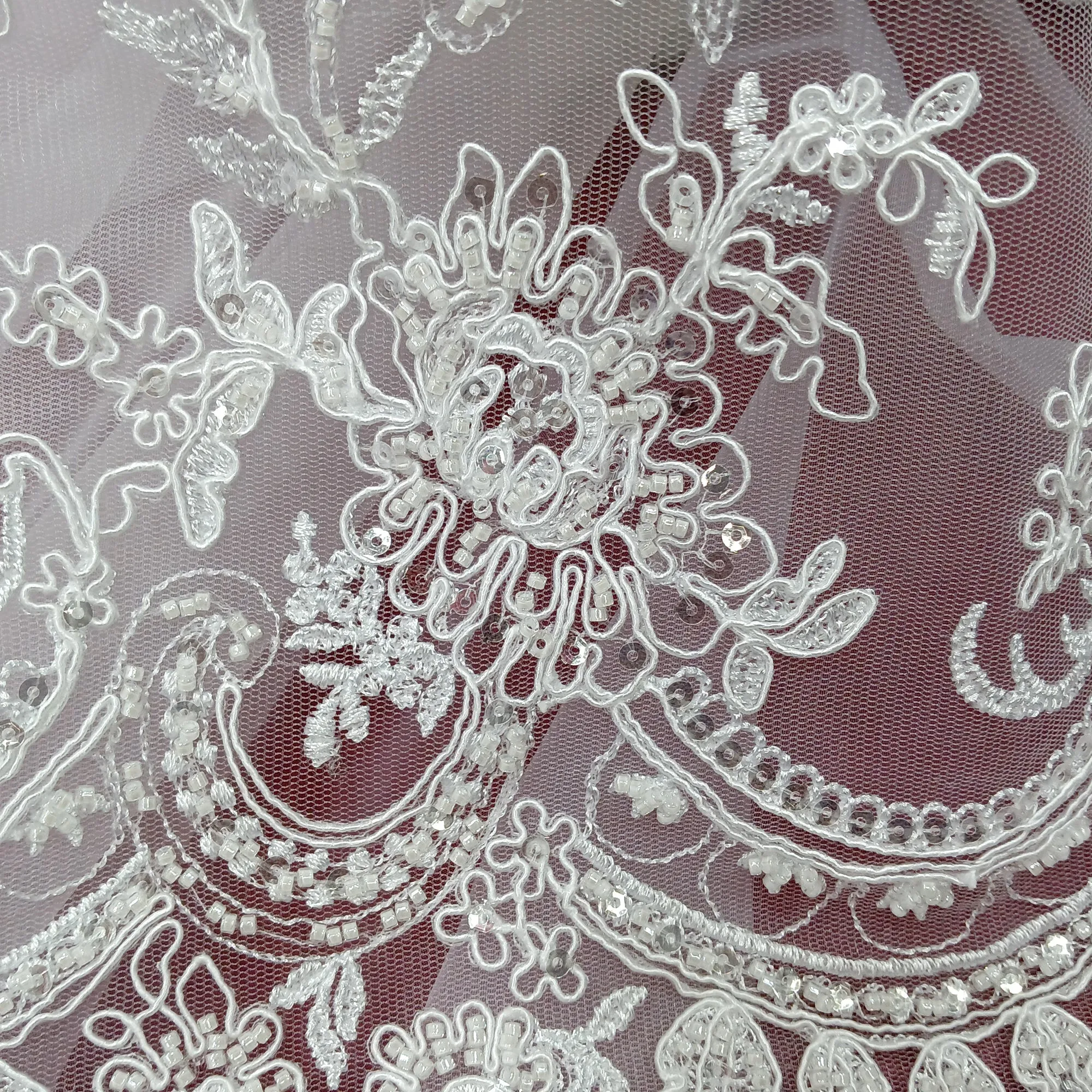Beaded & Corded Bridal Fabric Lace Embroidered on 100% Polyester Net Mesh | Lace USA - 96979W-HB