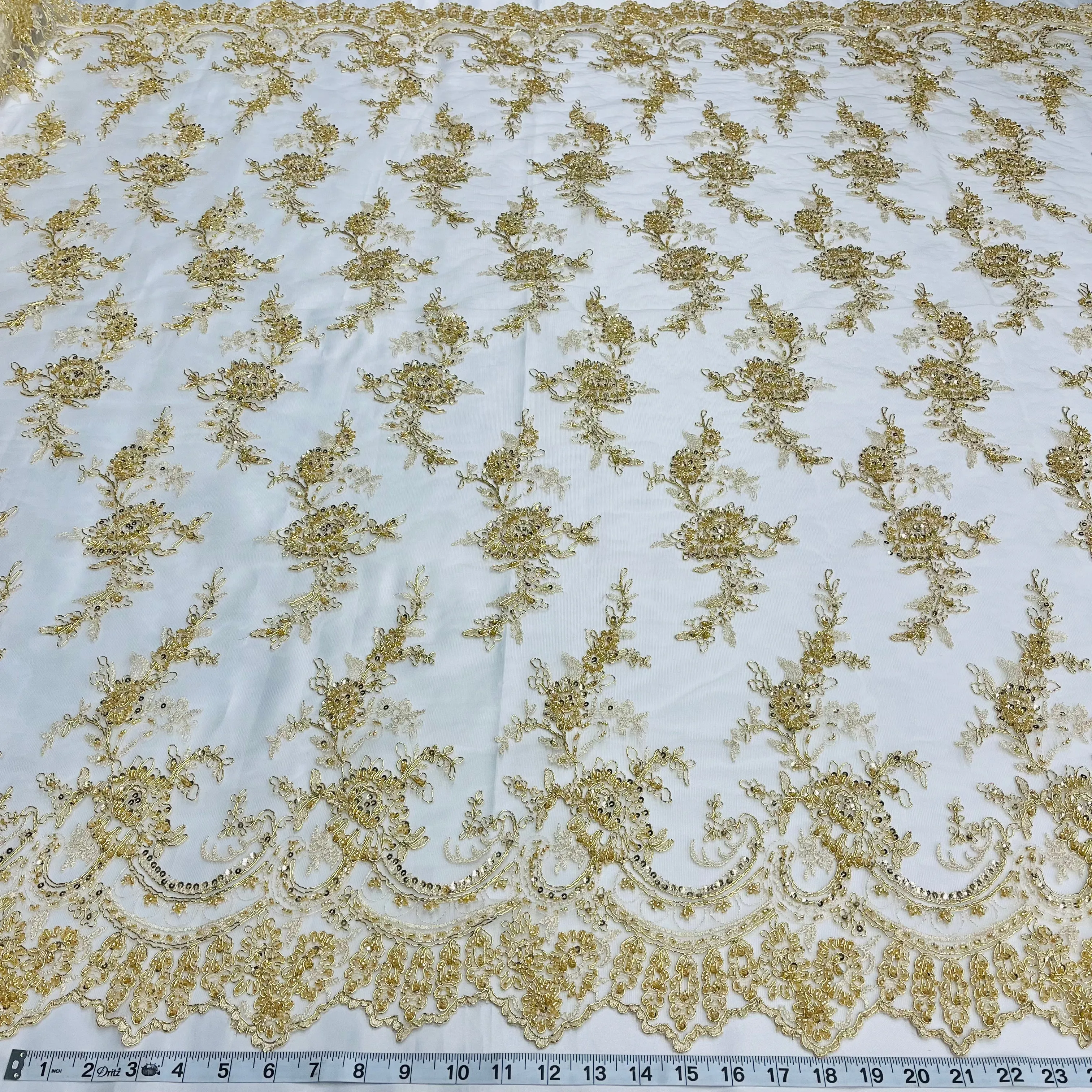 Beaded & Corded Bridal Fabric Lace Embroidered on 100% Polyester Net Mesh | Lace USA - 96979W-HB