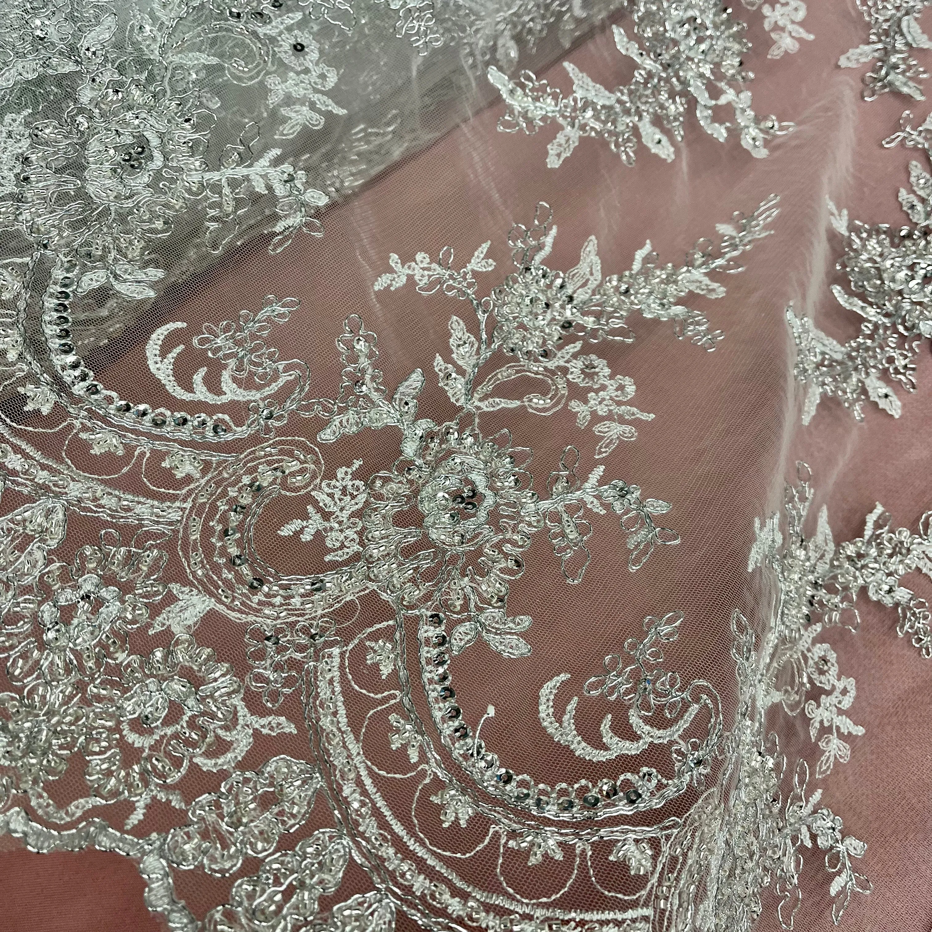 Beaded & Corded Bridal Fabric Lace Embroidered on 100% Polyester Net Mesh | Lace USA - 96979W-HB