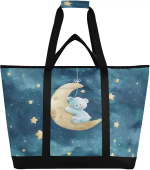 Bears Crawl on The Moon Insulated Cooler Bag, Reusable Grocery Bags with Zipper Portable Large Cooler Bag for Travel or Camping