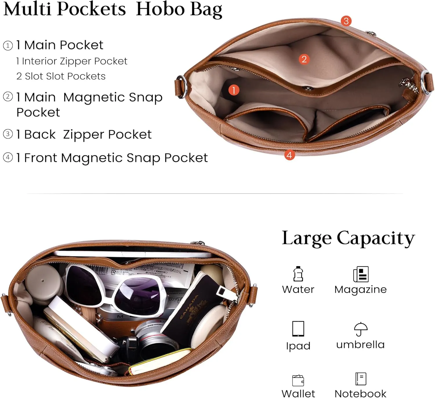 befen Genuine Leather Hobo Bag for Women, Genuine Leather Purse for Women Trendy Soft Handbags with 2 Straps