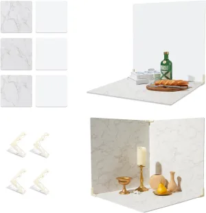 BEIYANG Food Photography Backdrops 24x24 Inch Marble Photo Backdrop Boards 3PCS White Photography Backdrop Boards with 3 Bracket Kits Soild Board Waterproof Backdrop for Food Photography