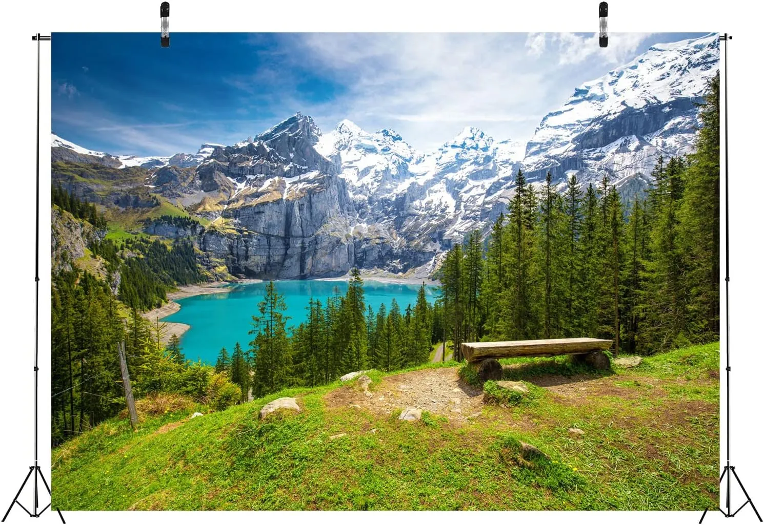 BELECO 15x10ft Fabric Mountain Lake Landscape Backdrops for Photography Alps Mountains Blue Lake Green Forest Pine Trees Nature Scenery Background Outdoor Hiking Portrait Photo Shoot Studio Props