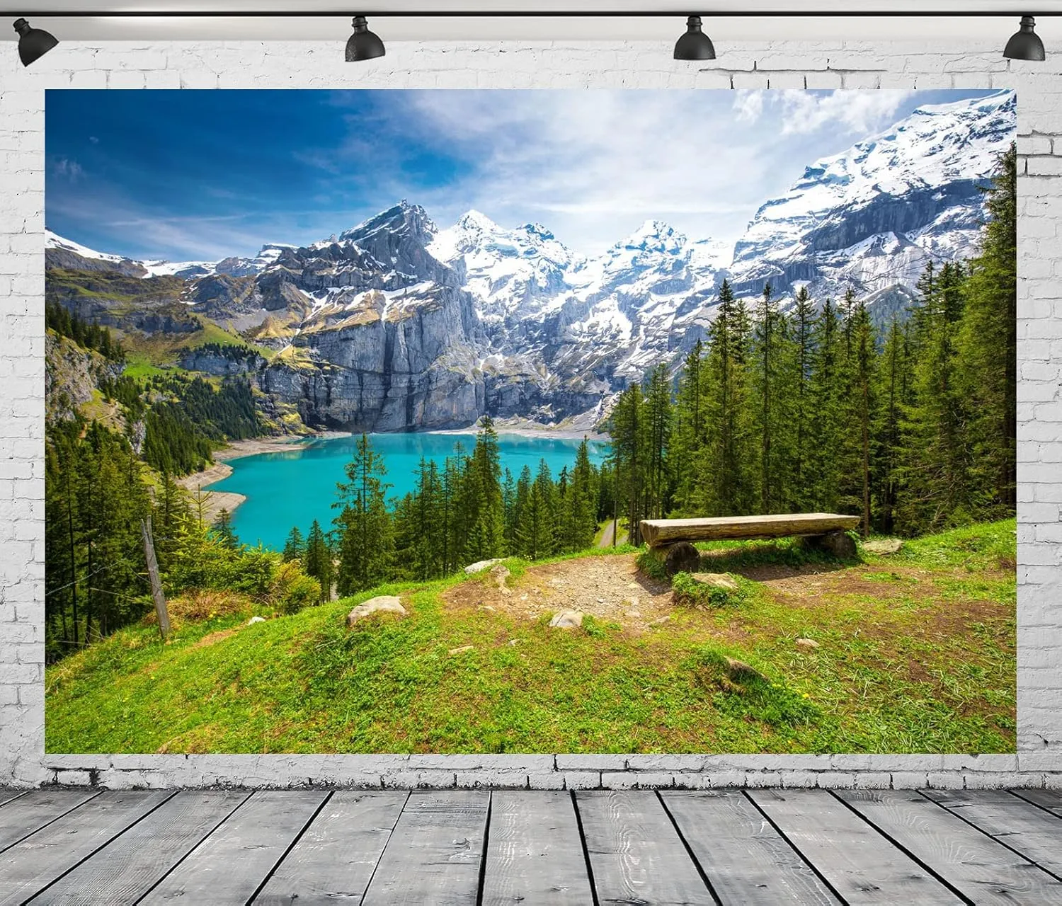 BELECO 15x10ft Fabric Mountain Lake Landscape Backdrops for Photography Alps Mountains Blue Lake Green Forest Pine Trees Nature Scenery Background Outdoor Hiking Portrait Photo Shoot Studio Props