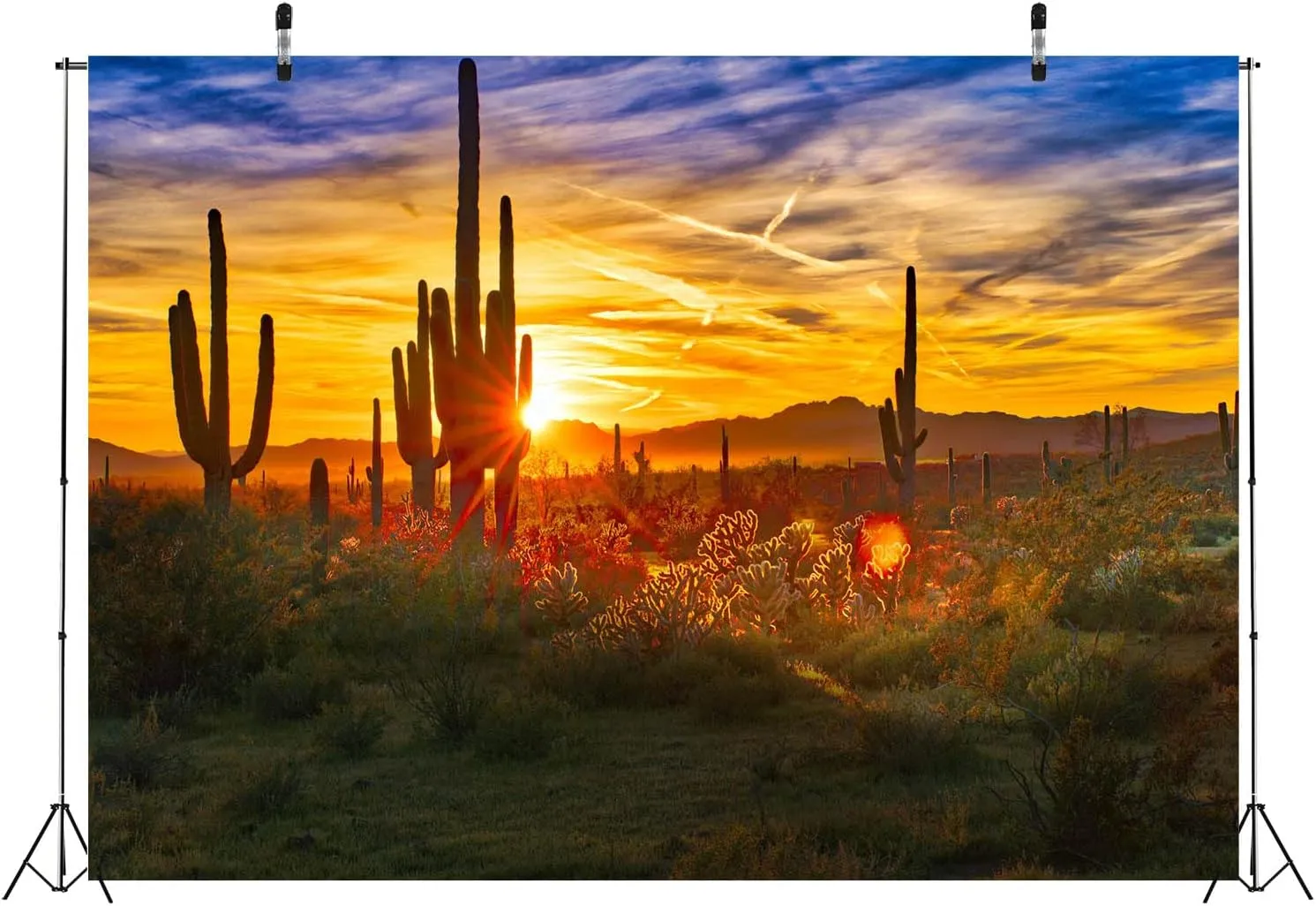 BELECO 7x5ft Fabric Arizona Desert Scenery Backdrop for Photography Saguaros Cactus Wilderness Mountains Sonoran Desert Sunset Background Western Desert Theme Party Decorations Photo Studio Props