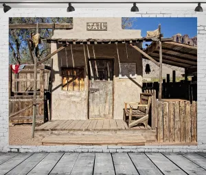 BELECO Fabric 12x8ft Western Old Jail Backdrop Goldfield Ghost Town Prison Cell Police Jail Background Arizona Wild West Theme Halloween Jail Party Decorations Portrait Photoshoot Studio Photo Props