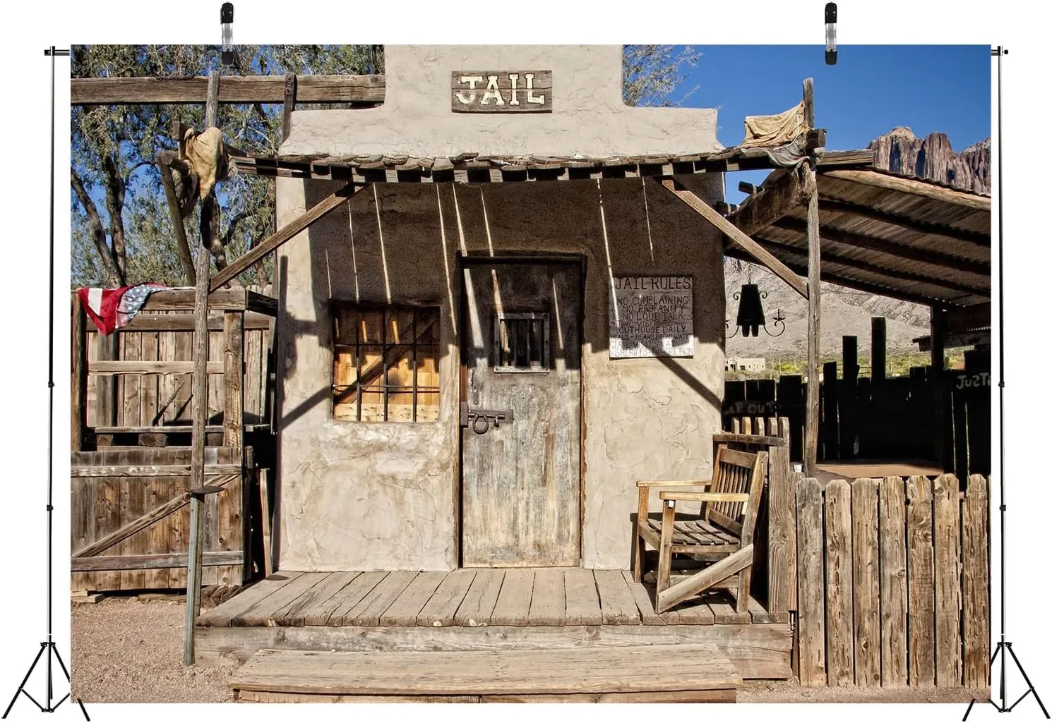 BELECO Fabric 12x8ft Western Old Jail Backdrop Goldfield Ghost Town Prison Cell Police Jail Background Arizona Wild West Theme Halloween Jail Party Decorations Portrait Photoshoot Studio Photo Props