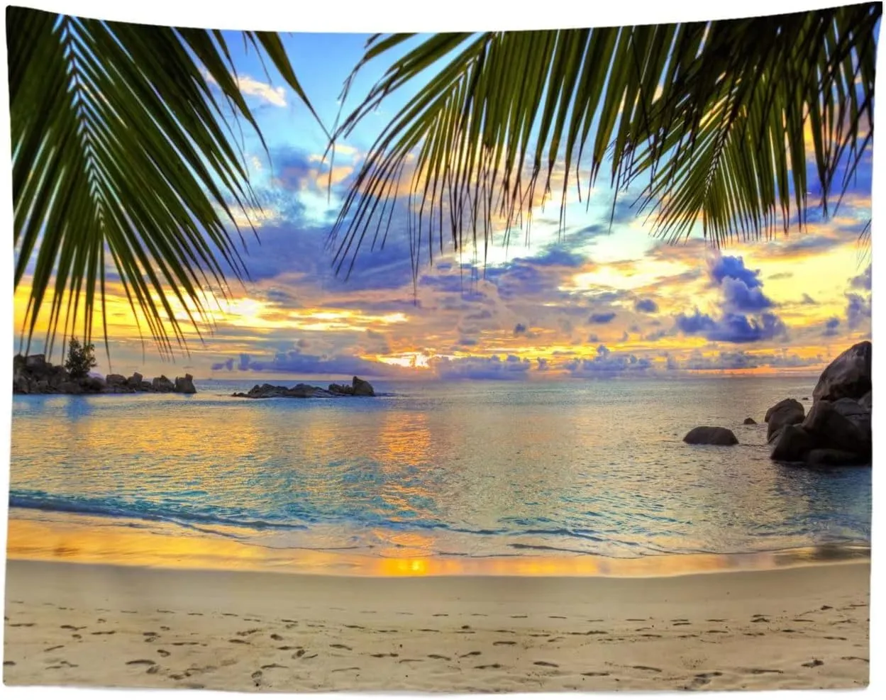 BELECO Sunset Beach Backdrop 7x5ft Fabric Summer Tropical Sea Palm Tree Hawaii Scenery Background Birthday Wedding Party Decor Baby Shower Photoshoot Prop Kids Adults Family Portrait Photo Prop